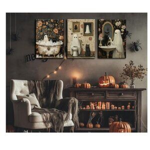 3Pcs Halloween Ghosts Canvas Wall Art 15 1/2" x 11 3/4" Horror Ghost Black Cat
